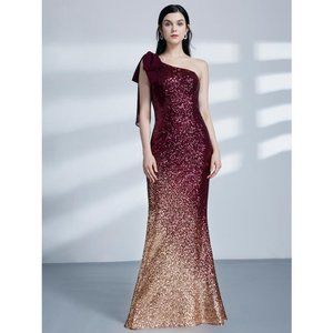 Burgundy & Gold Single Shoulder Ombre Sequin Dress Size 10
